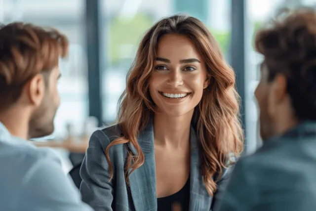 A smiling young woman speaks to coworkers during a business meeting in a bright modern office.