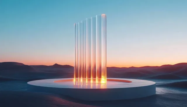 Tall transparent glass pillars rise from a softly lit round platform in a desert during sunset.