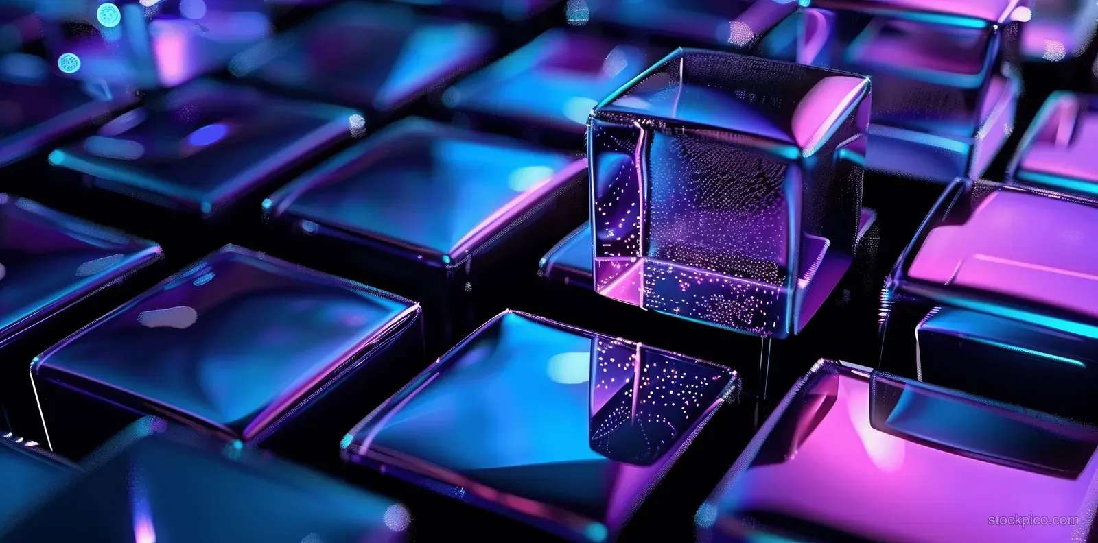 Blue and purple glass cubes glow with refraction on a dark abstract tech background.