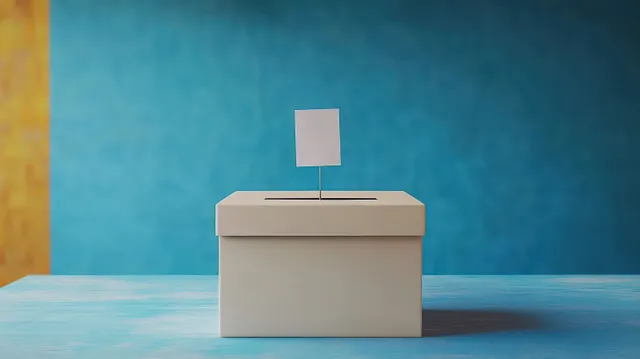 White ballot box with a blank sign on top against a textured blue background on a wooden surface.