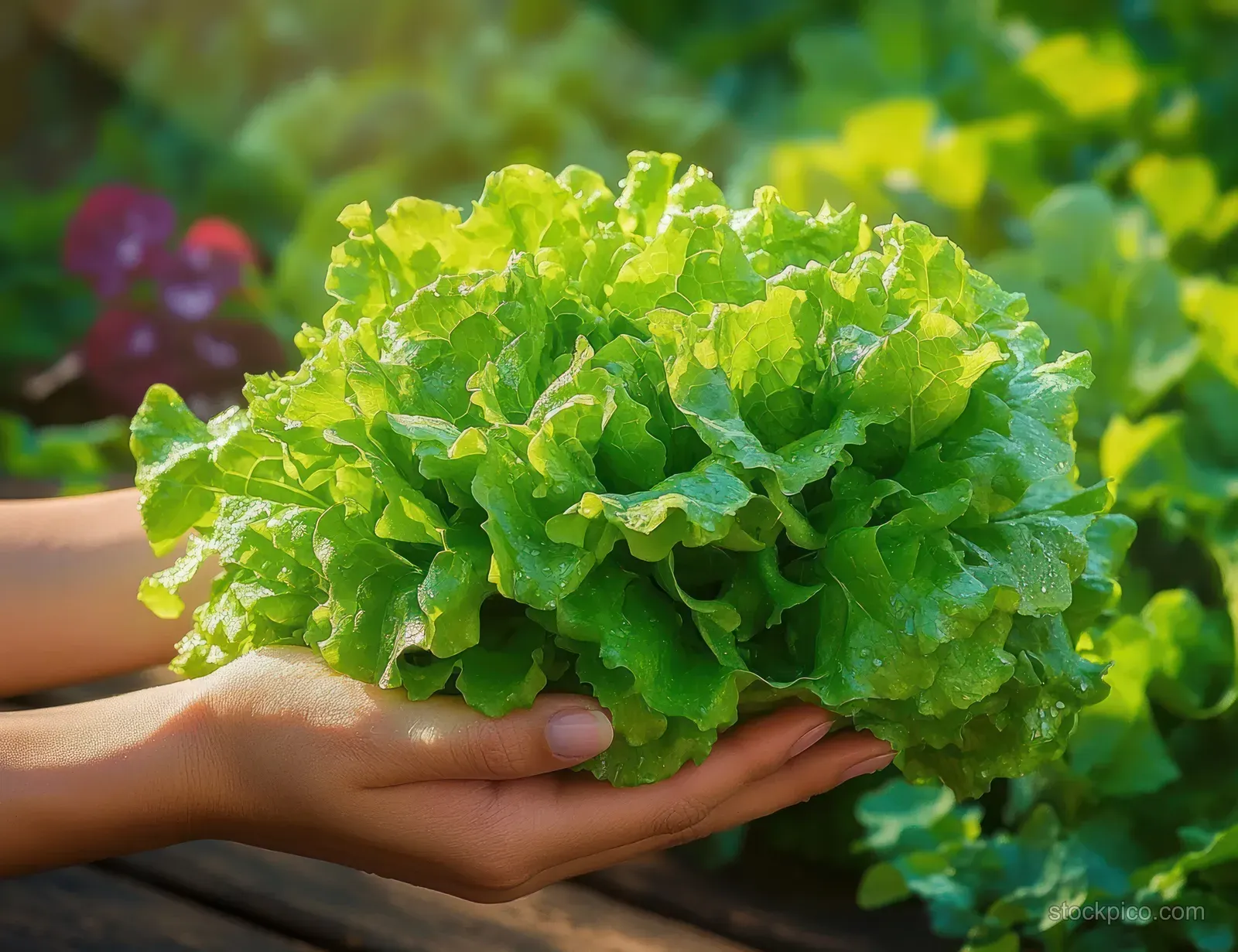Hands hold a bundle of fresh green lettuce leaves in a sunlit garden with blurred plants behind.