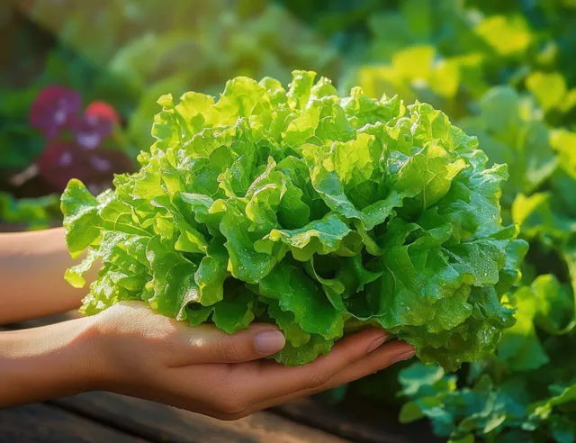 Hands hold a bundle of fresh green lettuce leaves in a sunlit garden with blurred plants behind.