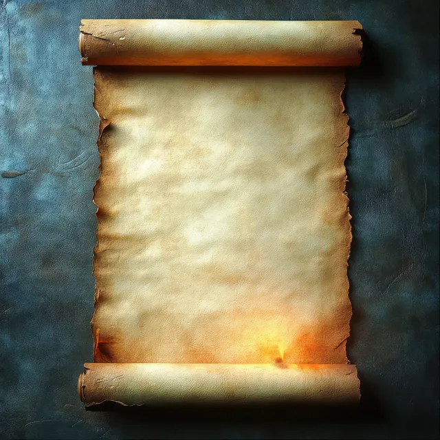Weathered parchment scroll with burnt edges illuminated by a warm candle glow on a blue textured background.
