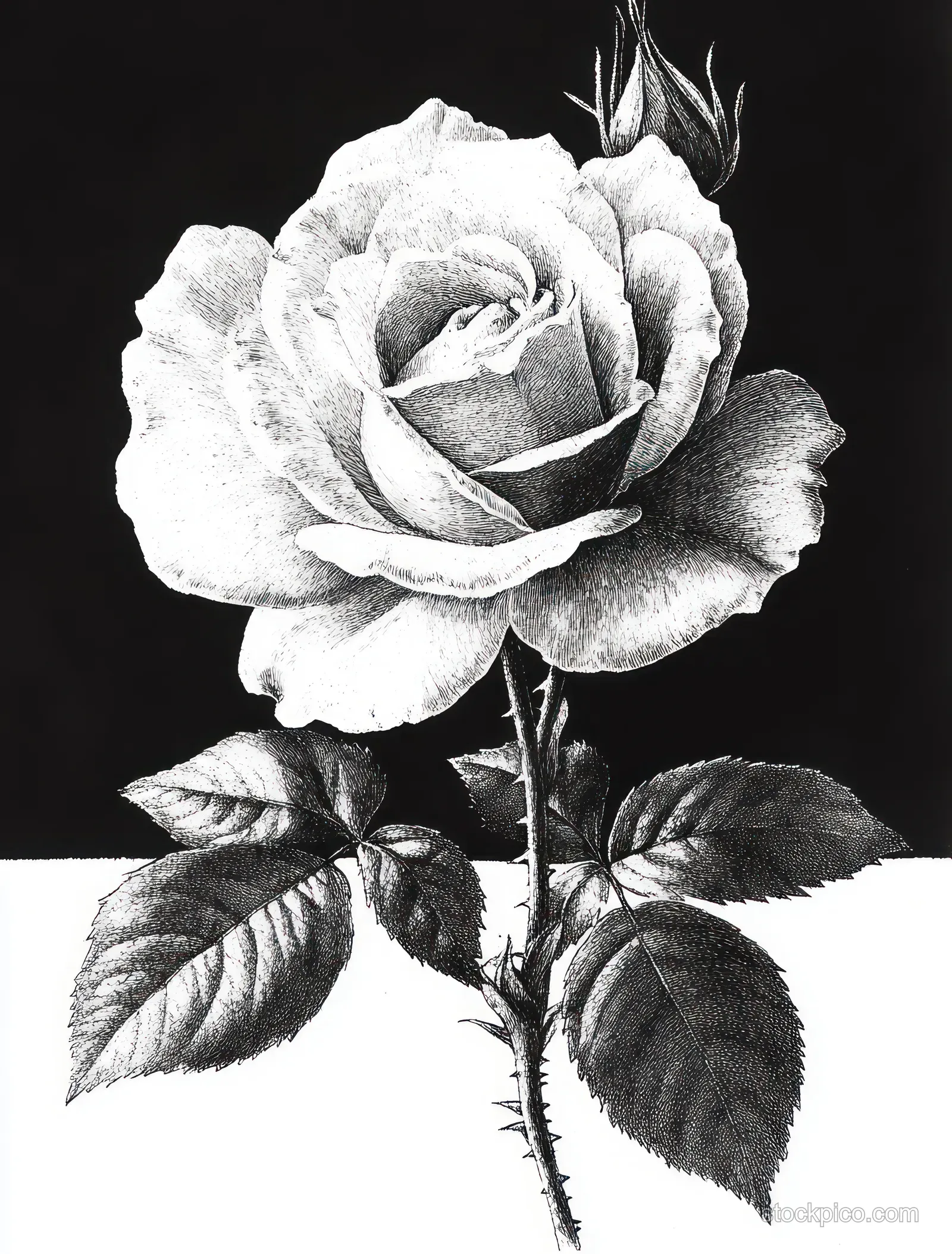Black and white rose drawing featuring a blooming flower, thorny stem, leaves, and a small unopened bud on a dark background.