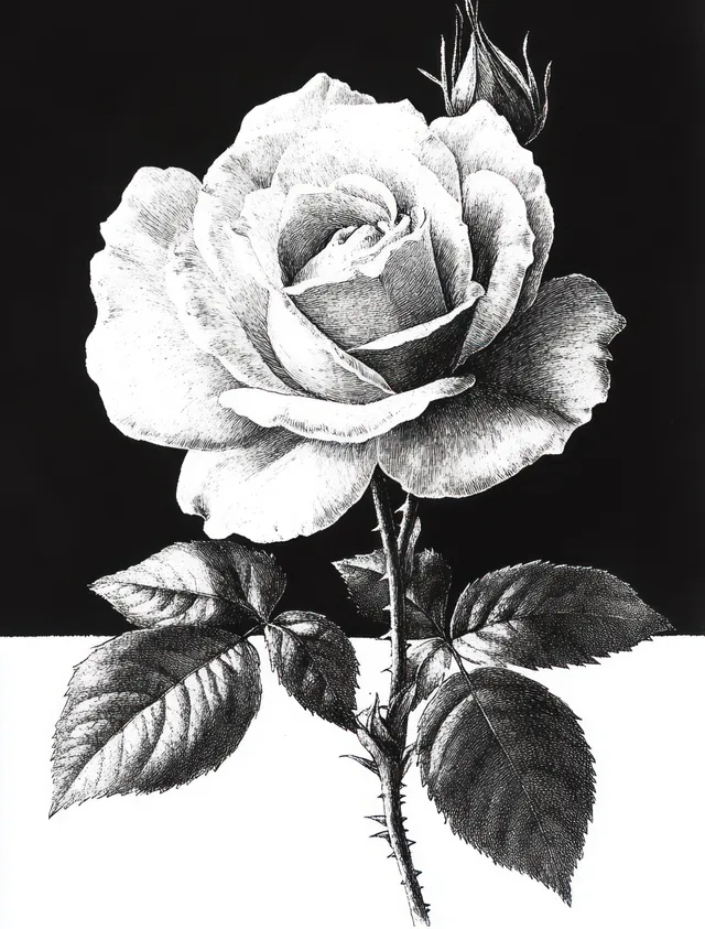 Black and white rose drawing featuring a blooming flower, thorny stem, leaves, and a small unopened bud on a dark background.