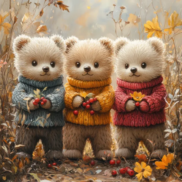 Teddy bears in knitted sweaters standing outdoors with autumn leaves and berries