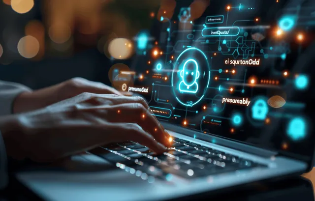 Hands typing on a laptop as a glowing chatbot interface and AI connection icons appear over the screen.