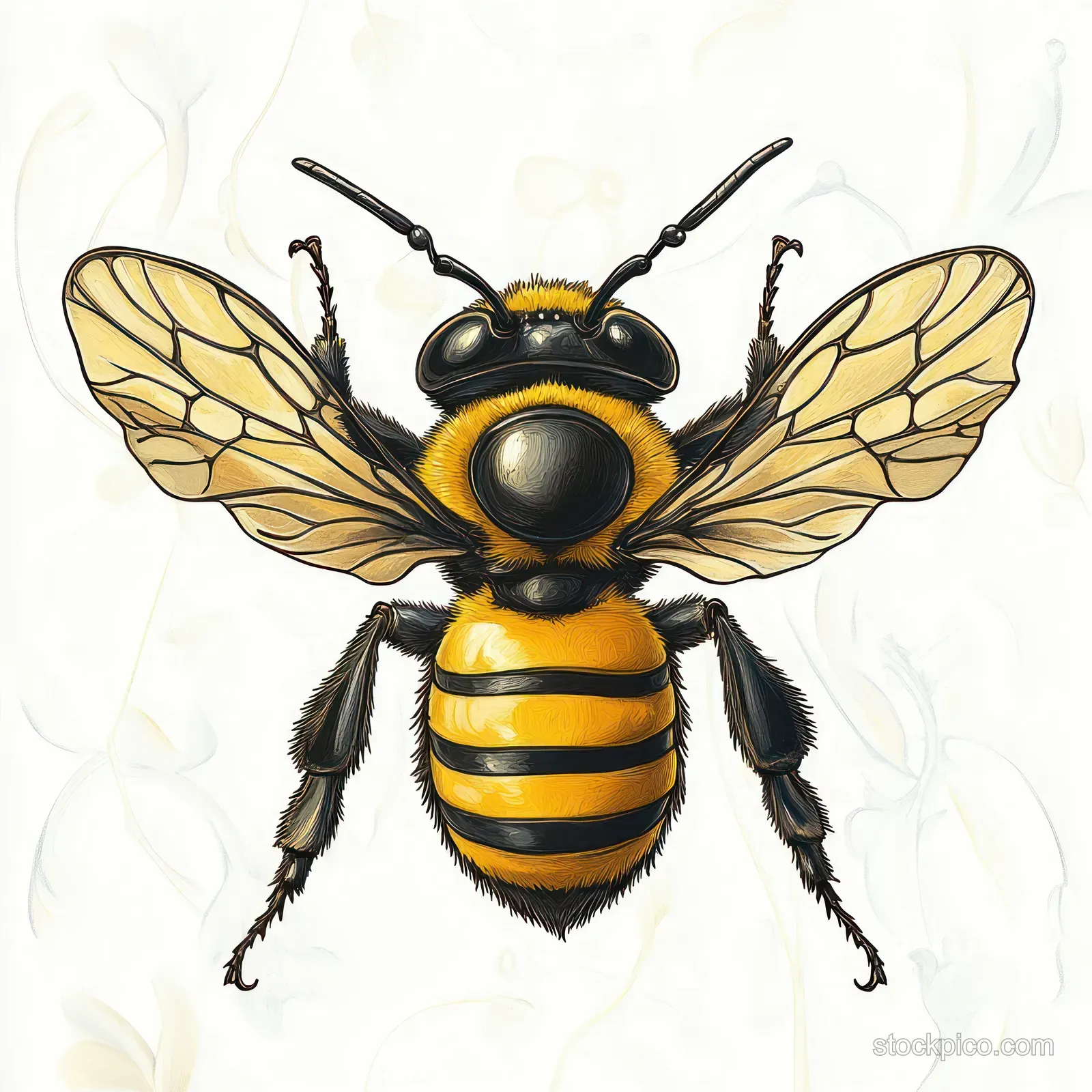 Illustrated bee with translucent wings, yellow-black stripes, and visible antennae on a pale background.