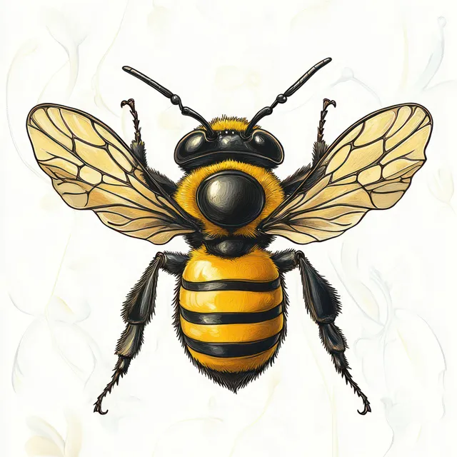 Illustrated bee with translucent wings, yellow-black stripes, and visible antennae on a pale background.