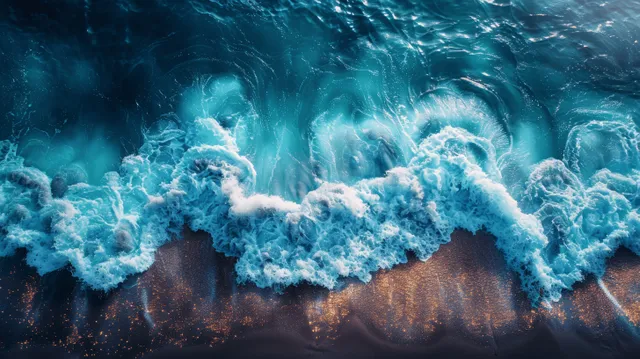Turquoise waves crash onto a dark sandy shore with glowing copper reflections.