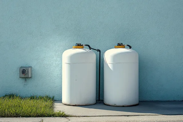Two white storage tanks connected by black piping against a light blue wall with a small grass patch outdoors.