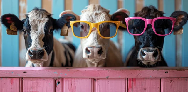Three cute cows wearing colorful sunglasses, smiling behind a pink table with blue background