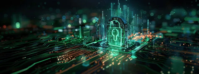Cybersecurity lock over glowing server circuit board during encrypted login connection handshake