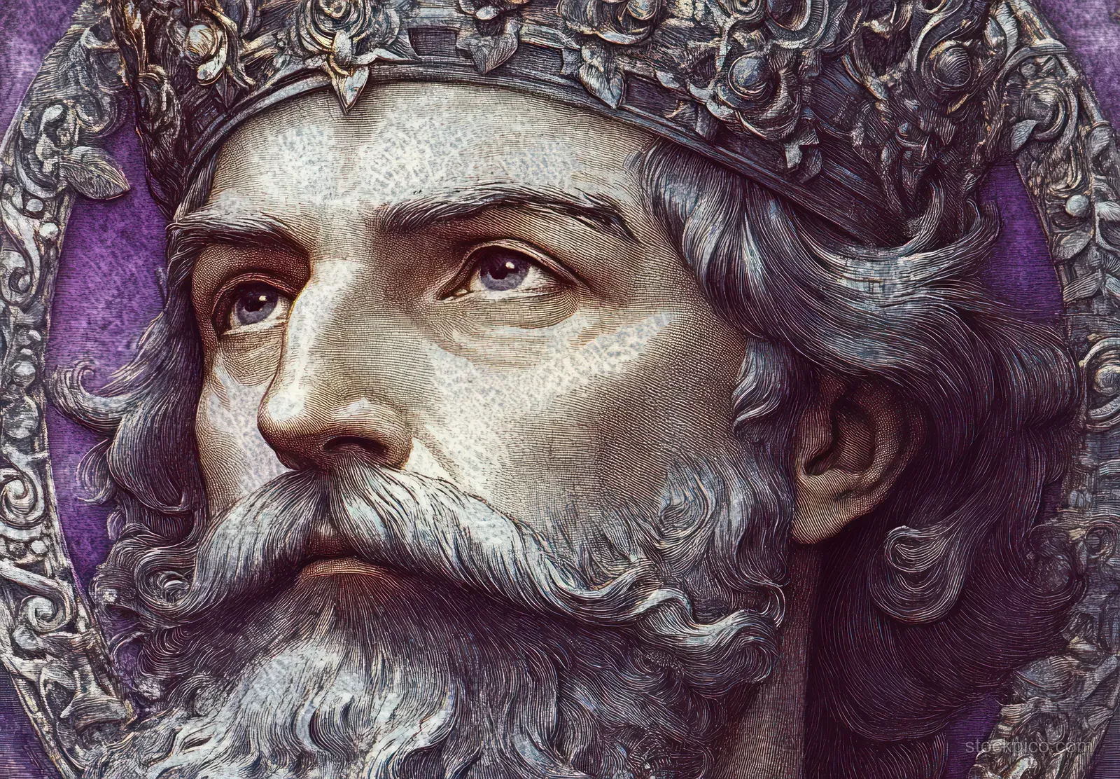 Close-up portrait of an elderly nobleman with a beard and ornate crown, surrounded by intricate floral decorations.