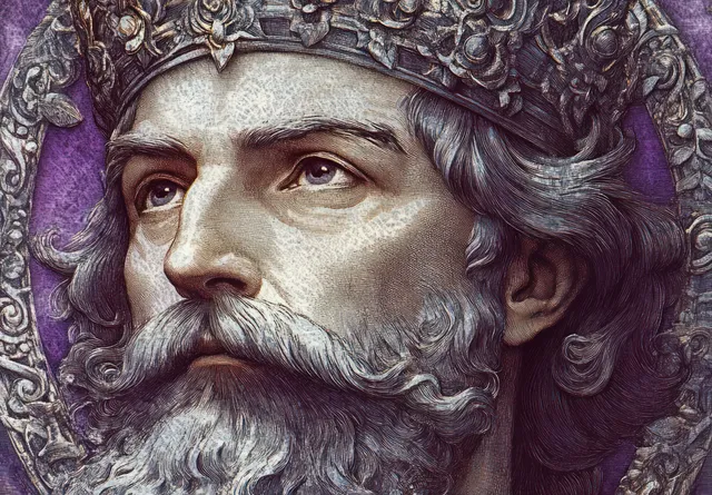 Close-up portrait of an elderly nobleman with a beard and ornate crown, surrounded by intricate floral decorations.