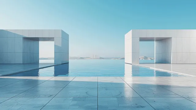 Minimalist white cube buildings beside a concrete floor with bright sky horizon backdrop