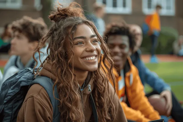 Multiracial college students sit on campus grass talking while backpacks and notebooks rest beside them.
