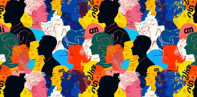 Seamless pop art pattern of diverse human silhouettes and vintage face profiles across bold yellow, blue, and pink blocks.