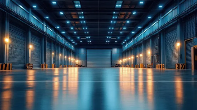 Empty warehouse interior with blue LED lighting, warm wall fixtures, and reflective polished concrete floor.