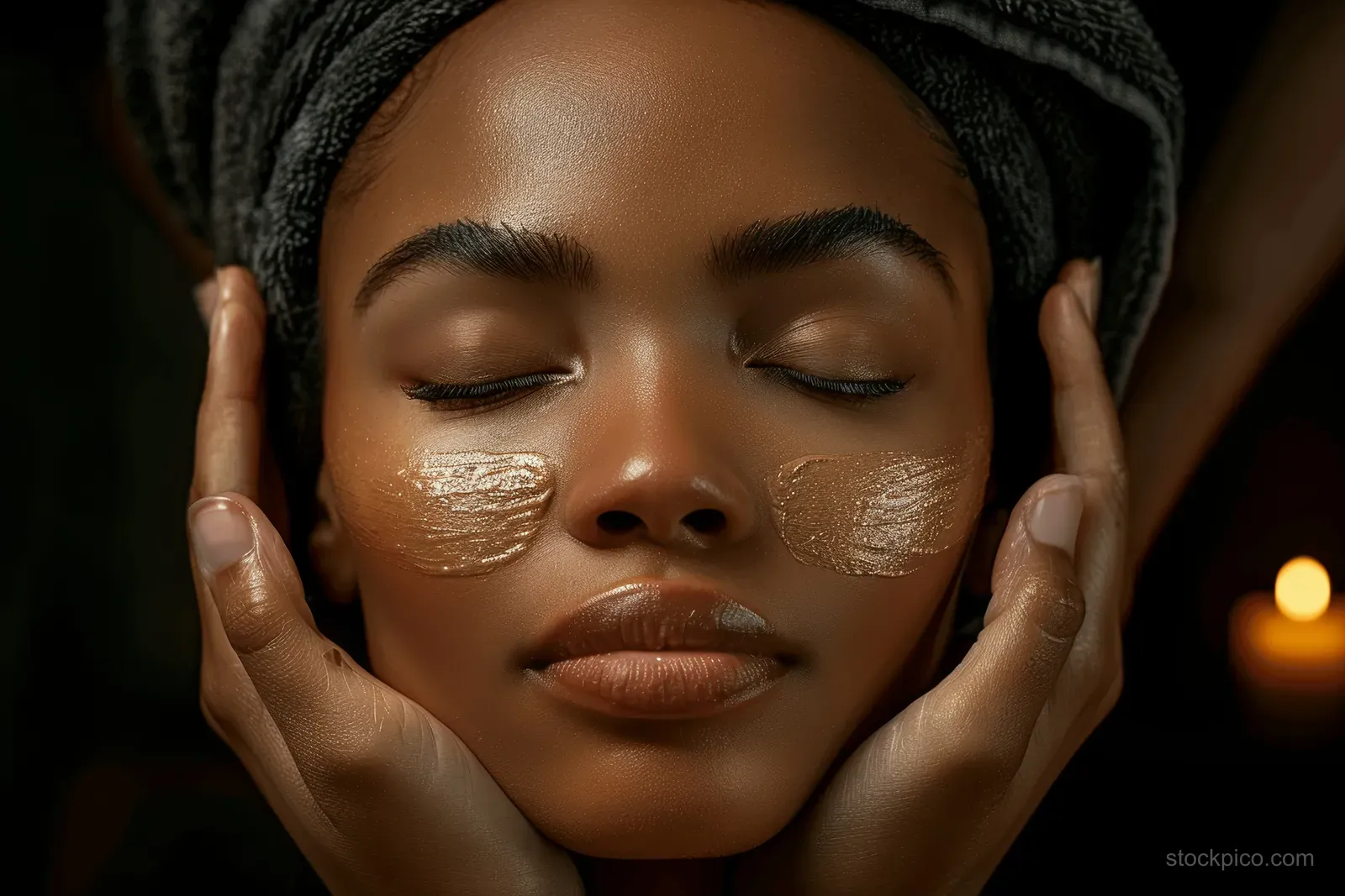 An African American woman with closed eyes receives a facial skincare massage in warm spa lighting.