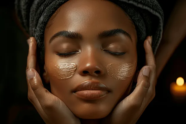 African American woman receiving facial skincare massage in spa setting