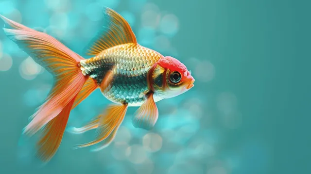 A vibrant goldfish swims leftward in turquoise water, with detailed scales and flowing orange-red fins.