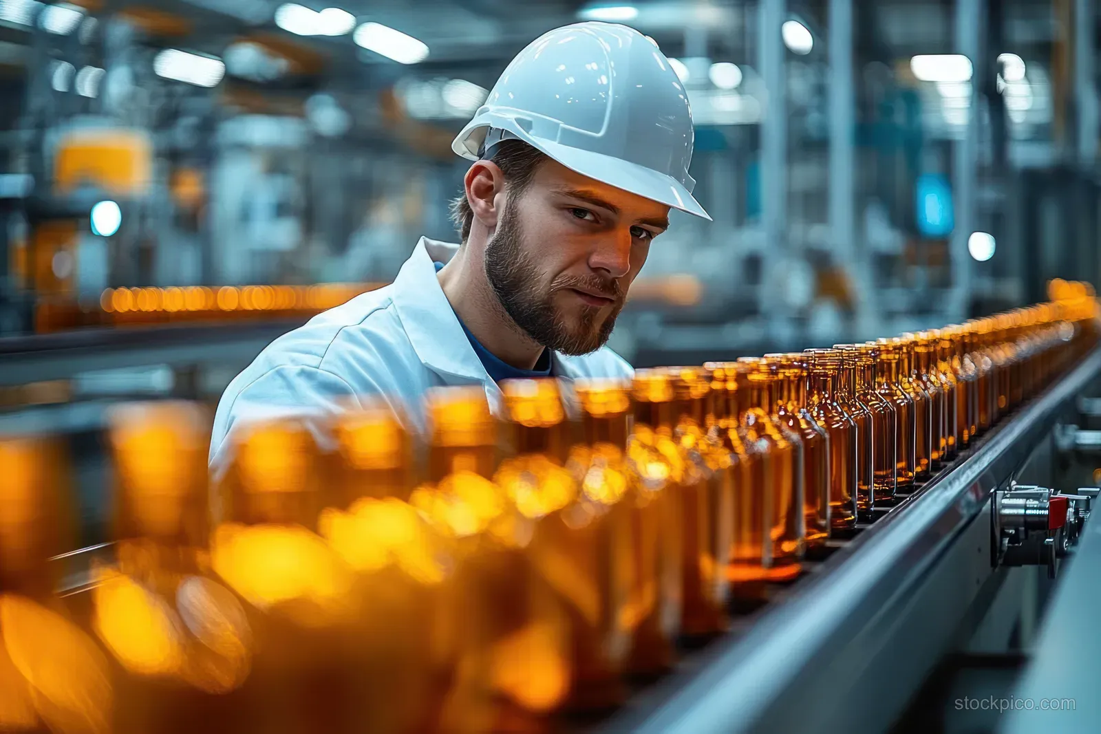 A factory worker in a white helmet inspects orange bottles lined on a conveyor belt inside a production plant.