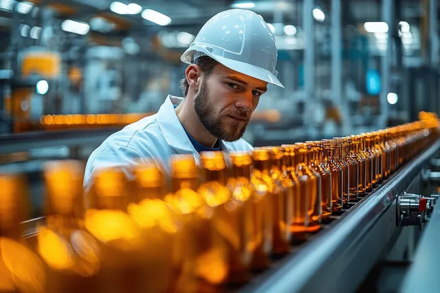 Factory worker in white helmet inspecting orange bottles on a conveyor line
