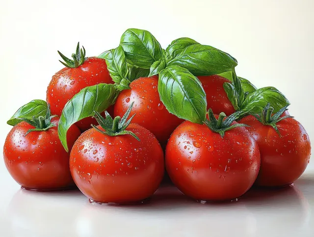 Ripe red tomatoes with green basil leaves and small water droplets on a glossy white reflective surface.