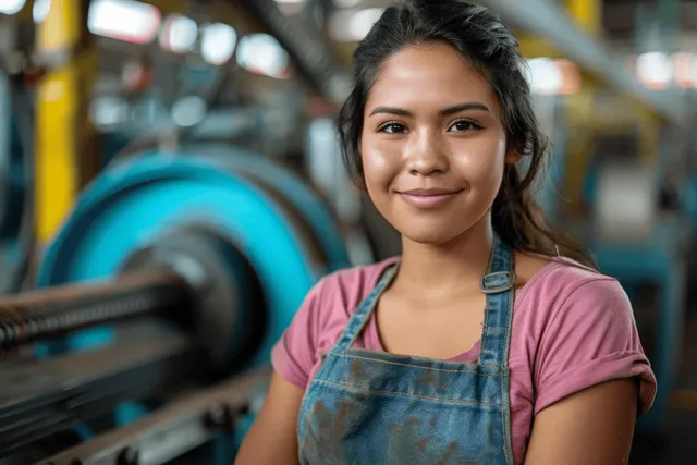 Smiling young woman in blue apron and pink shirt standing in a workshop with blurred factory machinery behind her.