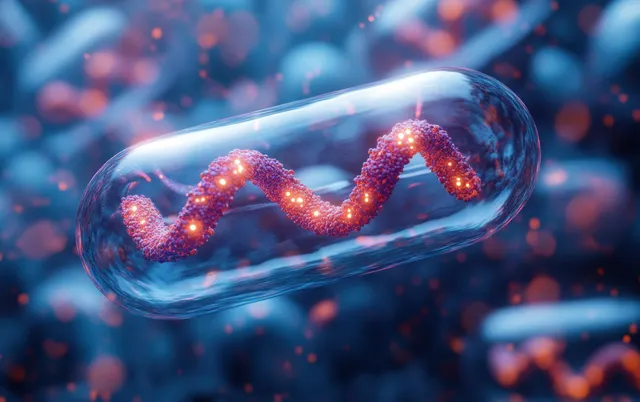 Glowing DNA helix inside a clear capsule with colorful cell-like particles in blue lighting.