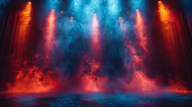 Empty concert stage with red and blue spotlights and smoky haze creating glowing light beams.