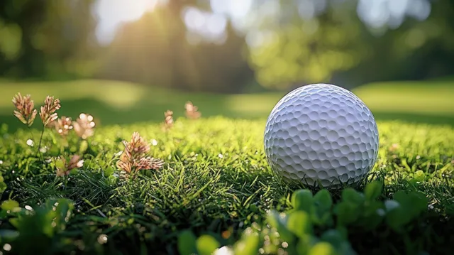 White golf ball resting on green grass with dimple texture and soft sunlit bokeh