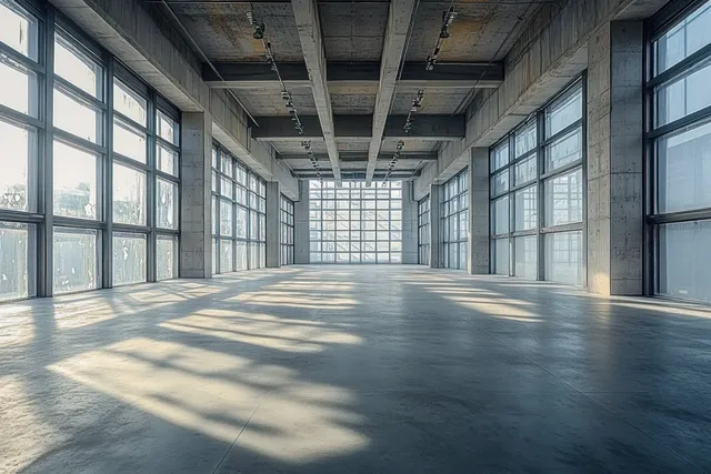 Empty concrete industrial room with large window rows casting long shadows across the smooth floor.