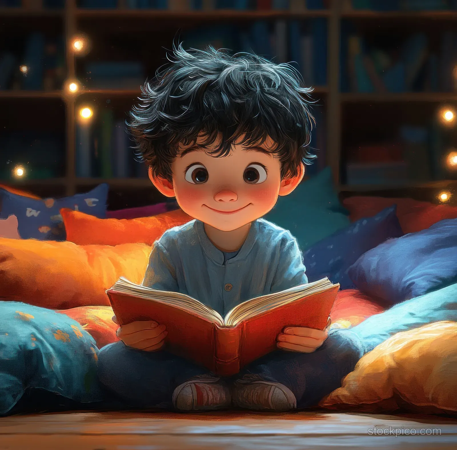A smiling boy reads an open book on a bed surrounded by colorful pillows under warm lights.