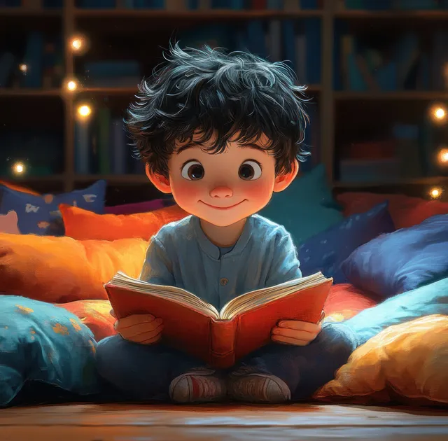 Young boy reading an open storybook on a bed with colorful pillows