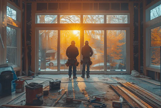 Two carpenters install interior doors inside a bright new home at golden hour sunlight