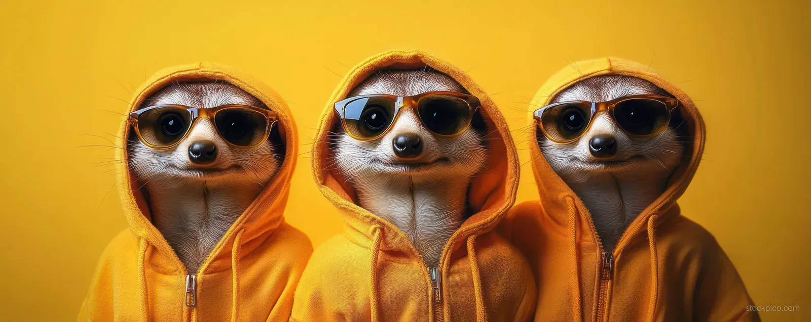 Two meerkats wearing orange hoodies and dark sunglasses pose symmetrically on a bright yellow background.
