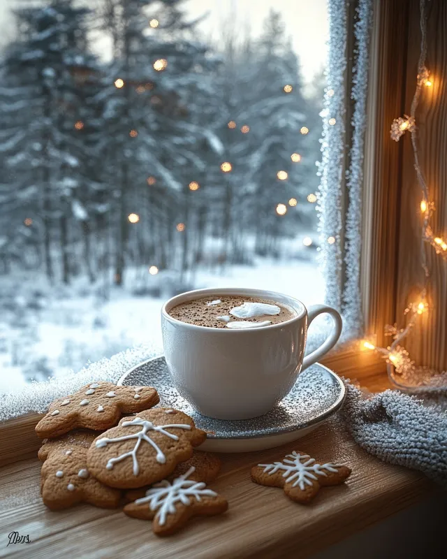 Hot chocolate and decorated gingerbread cookies on a snowy windowsill with warm fairy lights beside a winter forest view.