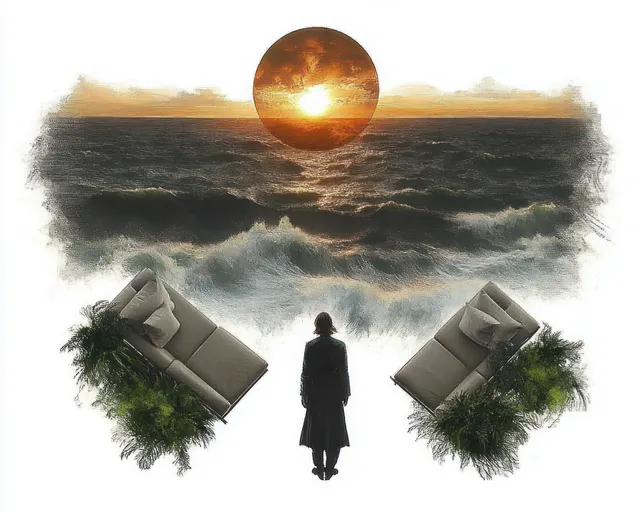 Silhouette stands between two tilted couches with greenery, facing a stormy ocean and glowing sunset orb.