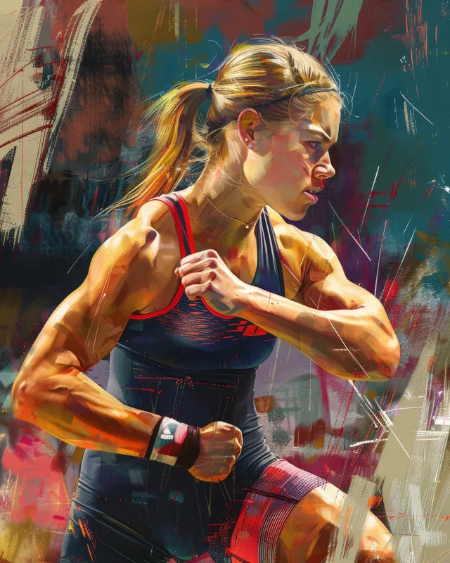 A USA female wrestler in a grappling pose with a colorful paint-splash background.