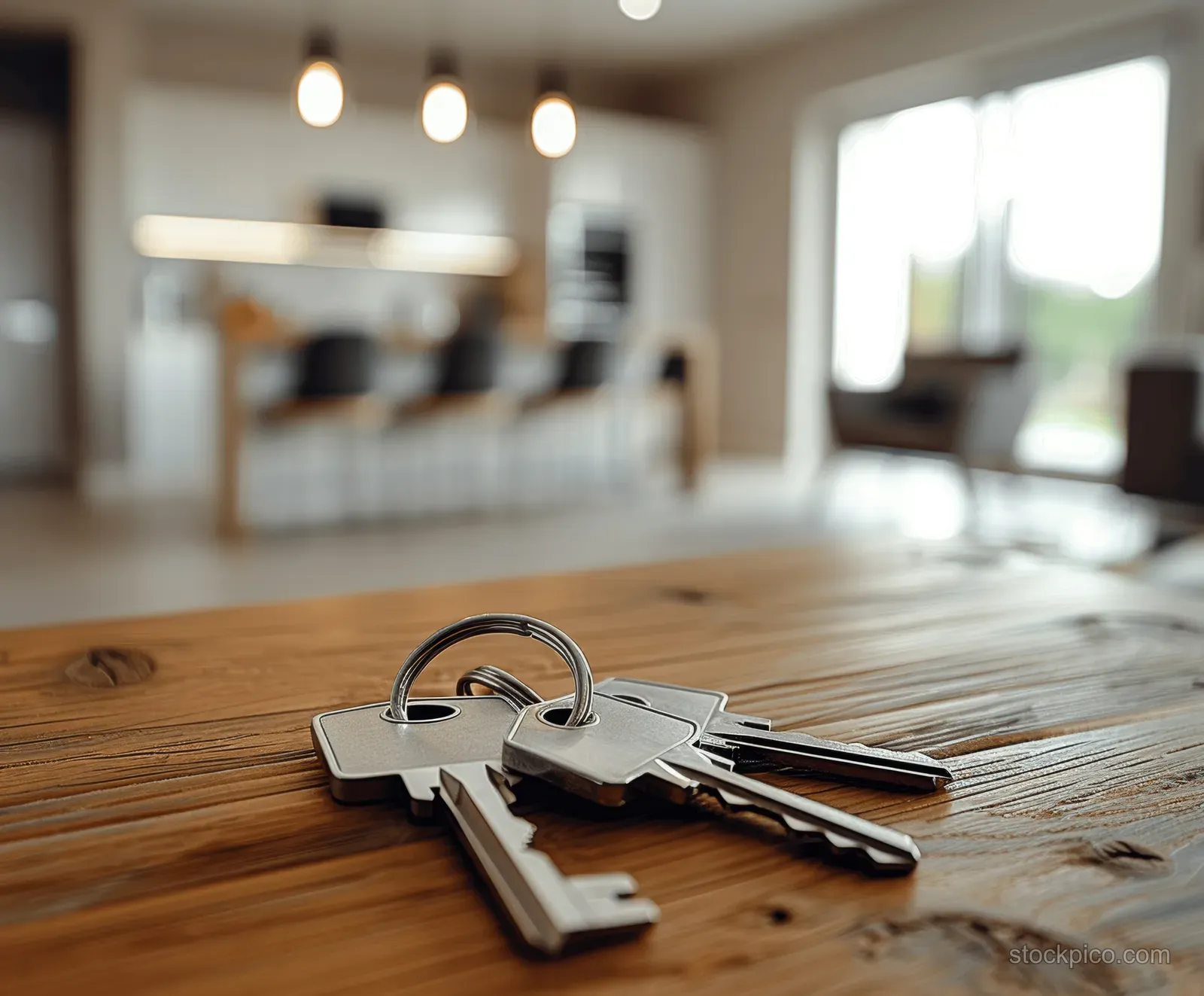 Three house keys lying on a wooden table in a bright modern apartment living room.