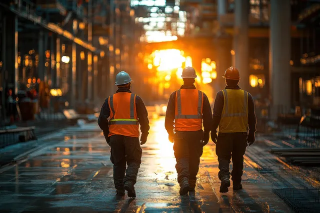 Confident construction crew walking through factory aisle wearing orange safety vests and hard hats