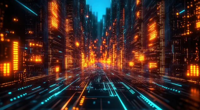 Neon cyber city street with orange and blue circuit light reflections between towering buildings