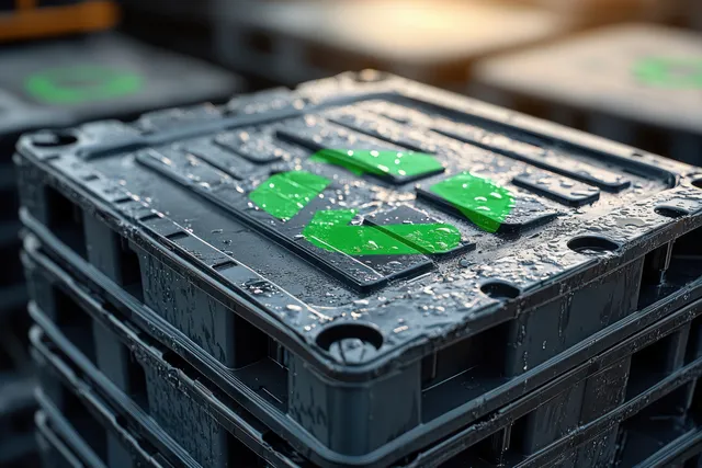 Recycling symbol on black plastic pallets with glossy water droplets in minimalist lighting