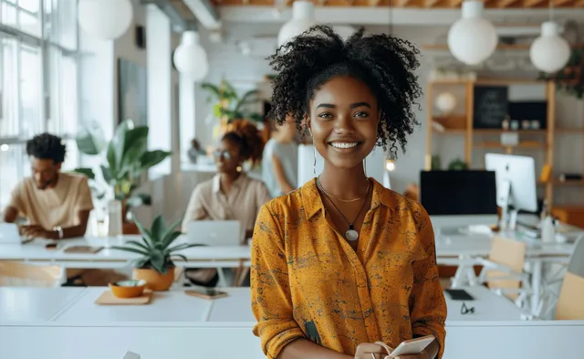 Smiling black businesswoman using smartphone in bright open office while coworkers work behind