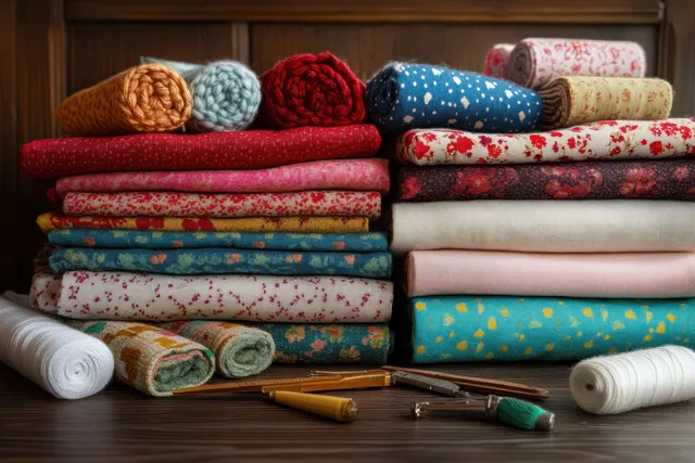 Folded and rolled colorful fabrics stacked on a wooden workbench with sewing tools in front.