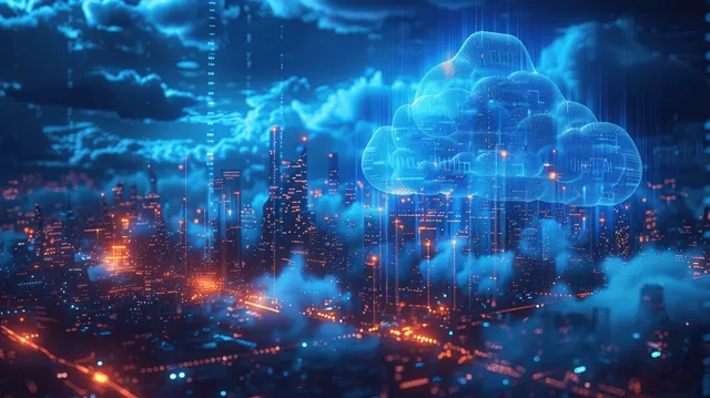 Futuristic nighttime city skyline with glowing cloud network overlays connected by bright data lines.