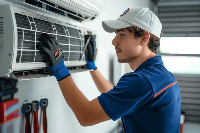 Air conditioner technician cleaning an indoor split AC unit with tools in a bright home