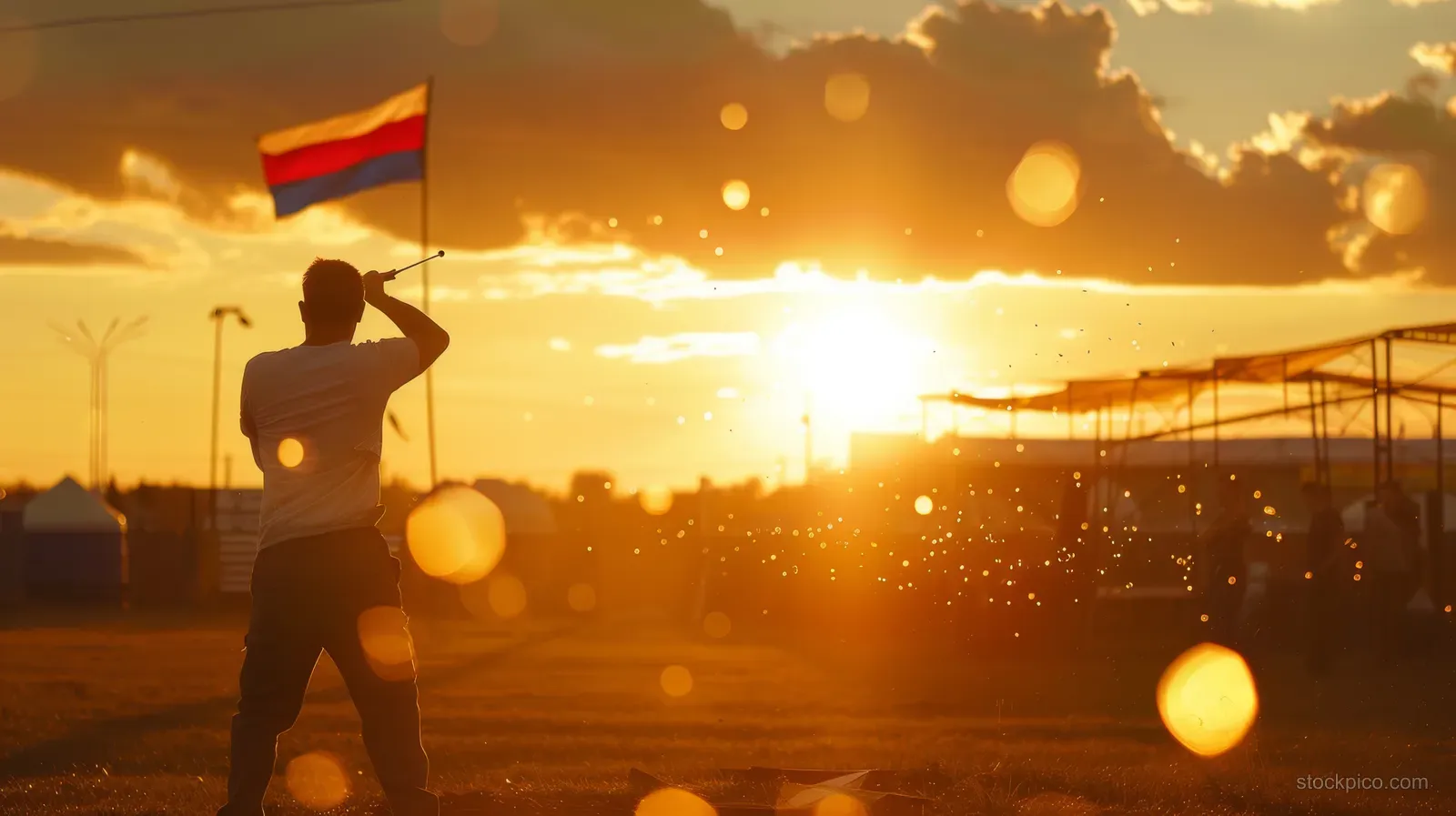 Russian skeet shooter takes aim at flying clay targets during an outdoor competition at sunset.